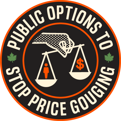Circular campaign badge reading 'Public Options to Stop Price Gouging' with a scale showing a person outweighing a dollar sign